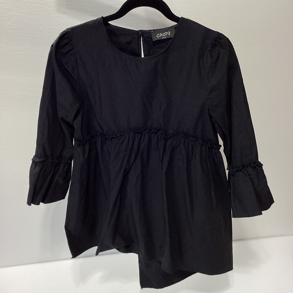 Chepe Black Lagenlook Blouse Size S Asymmetrical Cotton Casual Minimalist Artsy